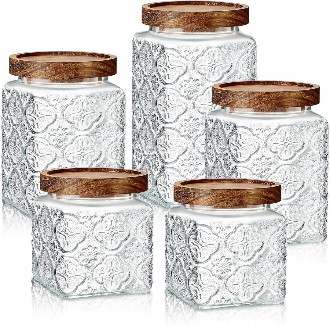 Gerrii 5 Pcs Begonia Pattern Square Vintage Glass Food Storage Containers 17/24/34 oz Glass Jar with Lid Airtight Candy Jar Food Canisters for Kitchen Counter Pantry Coffee Tea Beans