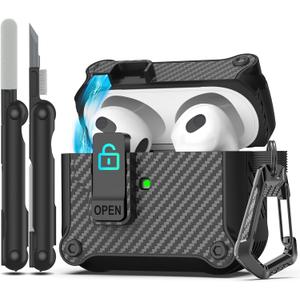 RFUNGUANGO for Airpods 2nd and 1st Generation Protective Cases Automatic Pop-up with Safety Lock Clip, Full Body Shockproof Hard Case with Keychain (Cleaning Tool) - Bla