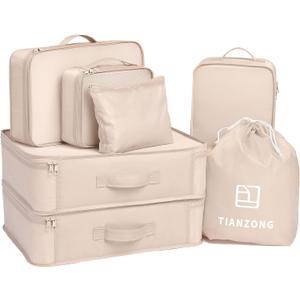 TianZong 7-piece Set Packing Cubes, Travel Bags for Luggage, Packing Organizers with Shoe Bag (Beige)
