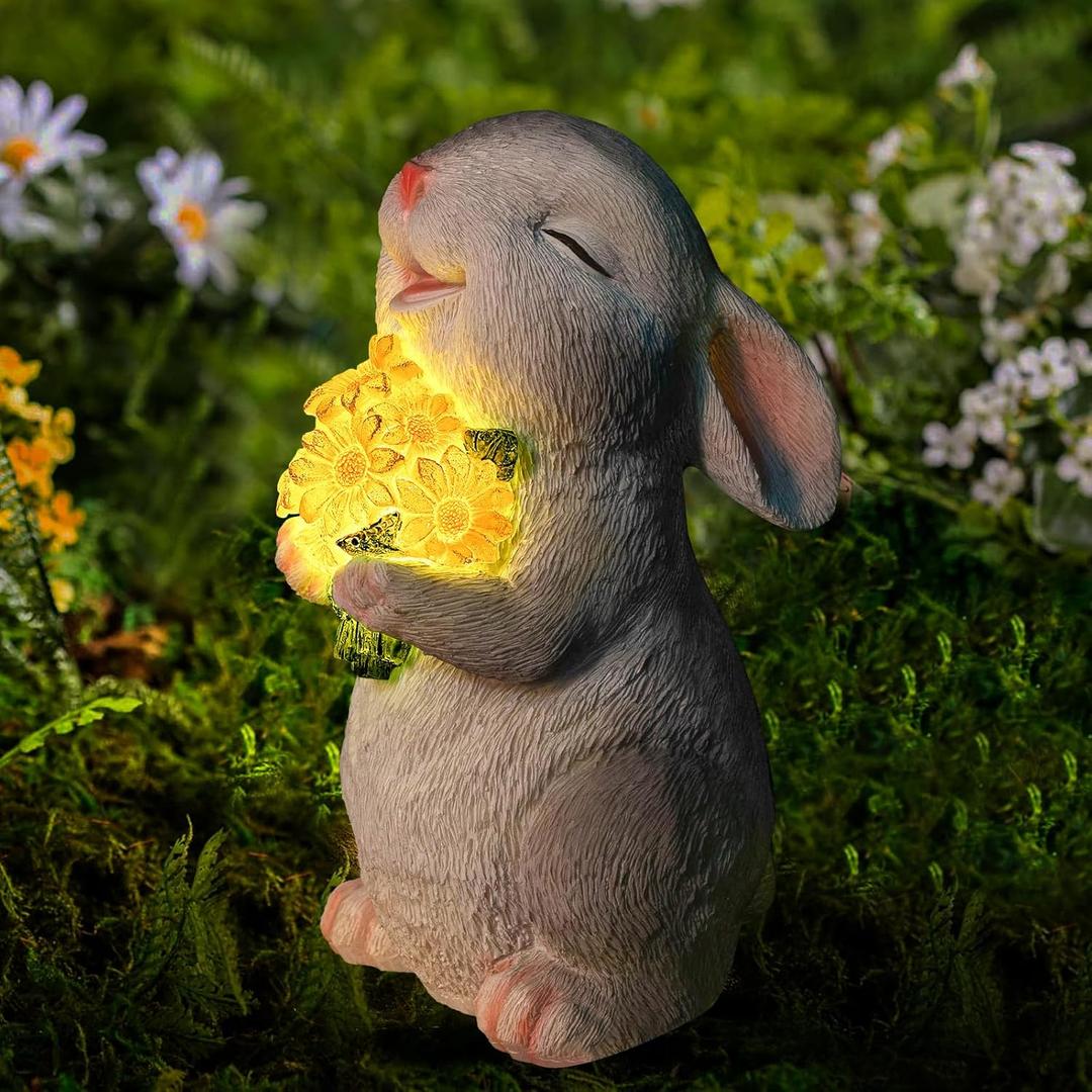 Solar Rabbit Garden Statues Outdoor Easter Bunny Decor Resin Rabbit Figurine Holding Sunflower with LED Lights for Proch Patio Lawn Yard Christmas Birthday Gardening Gifts for Mom Women