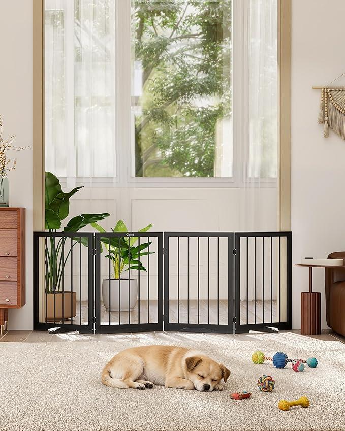Free Standing Dog Gate Indoor, Foldable Dog Gate for Doorways Stairs Hallways,4-Panel Freestanding Pet Gate with Support Feet for Stability, Folding Puppy Gate Easy to Move, Doggy Gate 72"x24"