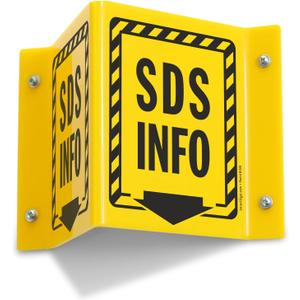 SmartSign "SDS Info" Two-Sided V-Shaped Projecting Sign with Down Arrow and Striped Border, 6 x 5 inch, 120 mil Polished Acrylic, Black and Yellow, Made in USA