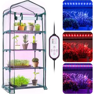Meonum Indoor Greenhouse with LED Grow Lights, 4 Tier Mini Greenhouse with Roll-Up Zipper PVC Waterproof Cover and Trays, Dimmable Plant Grow Light for Indoor Plant with Timer, 27 L X 19 W X 63 H