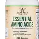 Essential Amino Acids - 1 Gram Per Serving Powder Blend of All 9 Essential Aminos (EAA) and All Branched-Chain Aminos (BCAAs) (Leucine, Isoleucine, Valine) 225 Capsules, Gluten Free by Double Wood (exp date: 10/2027)