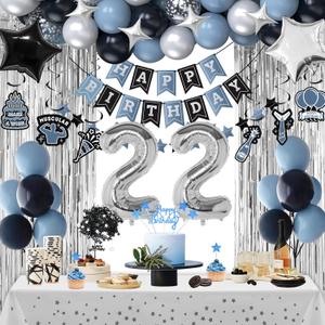 22nd Birthday Decorations, Dusty Blue 22 Birthday Decorations for Boys Girls, Blue Sliver Black Birthday Party Decor with Happy Birthday Banner, Number Balloons, Foil Balloons, Swirl