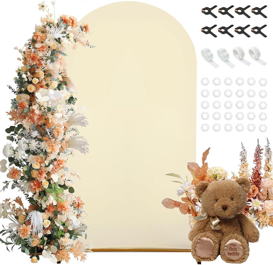 7.2FT Arch Backdrop Cover, Beige Spandex Arch Cover Stretchy Backdrop Stand Cover with Balloon Tying Tools for Wedding Ceremony Baby Shower Birthday Party Photo Background Arch Decorations