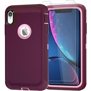 Case for iPhone XR Case 6.1" with 2 Screen Protector Tempered Glass, Rugged Full Body Heavy Duty Protective Cover, Shockproof Drop-Proof Military Grade Phone Case (Wine Red+Pink)