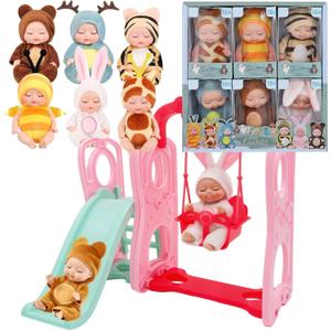 6 Pcs Mini Baby Dolls Set 4 Inch Small Baby Dolls with Animal Clothes and Slide Swing Toys (Dolls C)