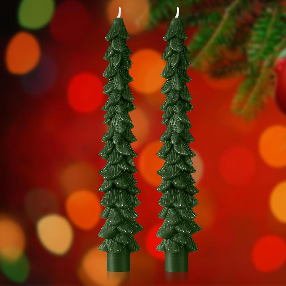 MTLEE 10 Pcs Green Christmas Tree Shaped Taper Candles 10 Inch Unscented Christmas Tree Candles Decorative Aesthetic Xmas Relaxation Gifts for Centerpiece Decorations (Classic)