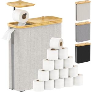 42L Toilet Paper Basket with Bamboo Lid, Toilet Paper Storage with Toilet Paper Holder & Non-Slip Mat for Bathroom Organizer, Holds up to 19 Regular Rolls or 14 Mega Rolls, Collapsible & Stackable