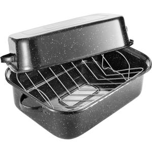 QPMR Roasting Pan with Rack, 21 Rectangular Granite Roaster Pan, 25lb Capacity, Large Roaster Pot for Baking Turkey with Versatile Lid