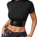 MakeMeChic Women's PU Leather Crop Top Short Sleeve Mock Neck Slim Fitted Y2k Party Going Out Tops (Large, Black)