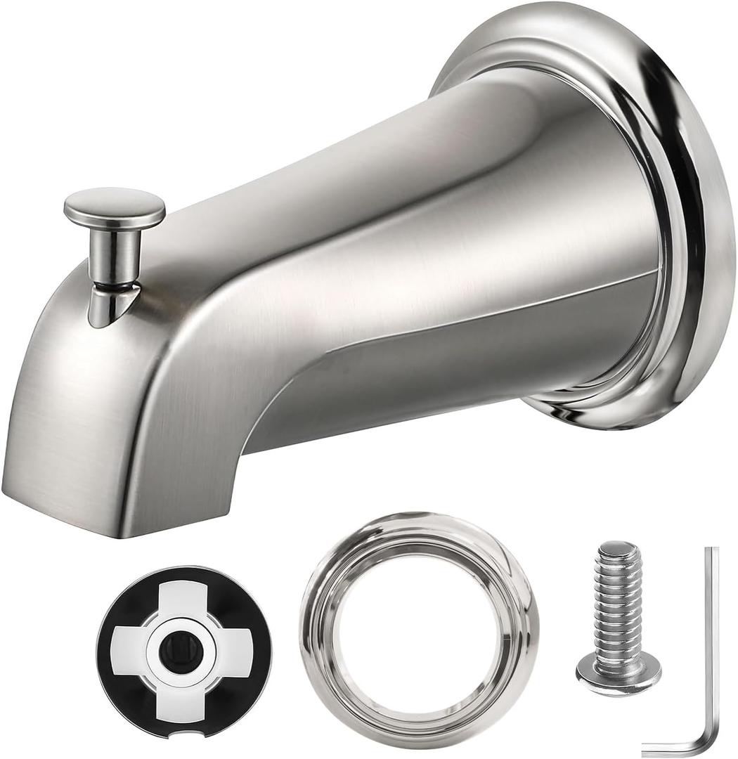 Tub Spout with Diverter, Slip-On Tub Spout, Bathroom Bathtub Faucet with Metal Tub Spouts Cover Ring, Fits 1/2" Copper Water Tubes (5/8" Diameter) (Brushed Nickel)