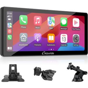 Carpuride W103 Pro with Wireless Bluetooth Transmission Portable Carplay & Android Auto Car Stereo, 10.3 inch 1080P Touch Screen, Mirror Link/GPS/Siri/FM, with 3 Bracket