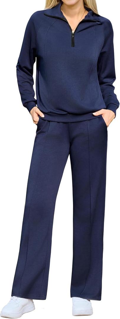 difficort Women's 2 Piece Outfits Sweatsuit Casual Lapel Half Zip Sweatshirts Straight Leg Pants Tracksuit Travel Lounge Set (Blue, XXL)