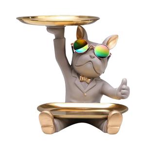 French Sculpture Dog Statue with Tray Trinkets Organizer for Hallway Gray