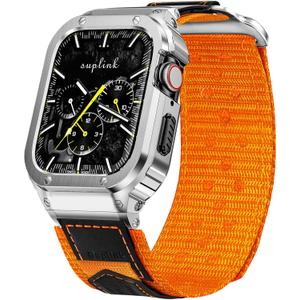 SUPLINK Stainless Steel Case&Nylon Band Compatible with Apple Watch Band 38mm 40mm 41mm 42mm 44mm 45mm 46mm 49mm,Rugged Metal Cover Adjustable Strap for iWatch Series 10 9 8 7 6 5 4 3 2 1 SE Ultra Men (Orange)