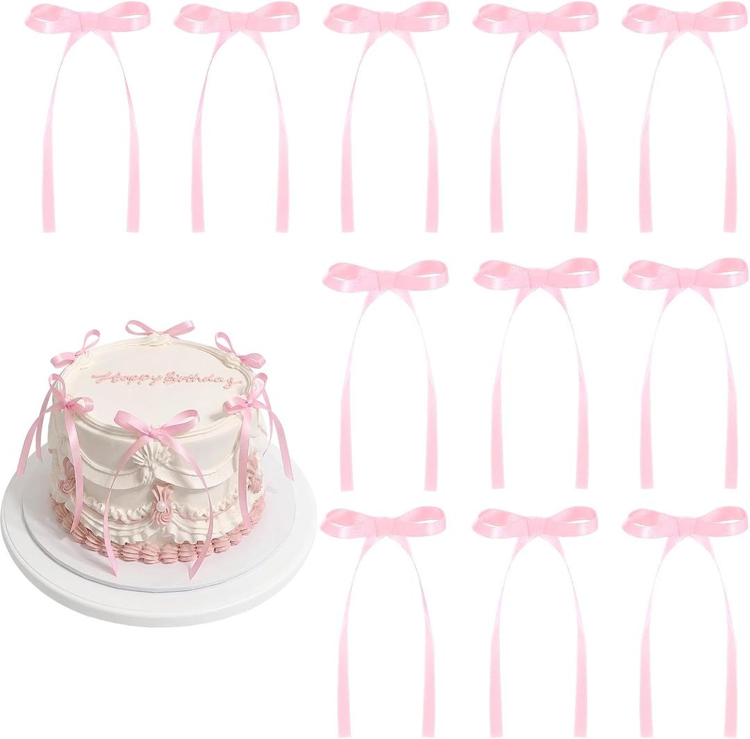 30 Pack Bow Cake Toppers Pink Ribbons Bows for Cake Coquette Themed Bow Cupcake Toppers Pink Bow Birthday Decorations for Baby Shower, Birthday, Wedding, Bachelorette, Mothers Day Decorations