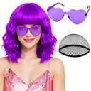 PLULON Purple Wig with Heart Sunglasses for Women, Short Wavy Bob Curly Wigs with Bangs Synthetic Hair Daily Hairpieces for Girls Cosplay Valentine's Day Bachelorette Costume Birthday Party Musicals