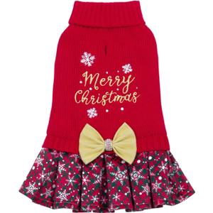 CuteBone Christmas Dog Sweater Dress Turtleneck Puppy Sweater with Bowtie Leash Hole Pullover Winter Dress for Small Dogs (Merry Christmas 1)