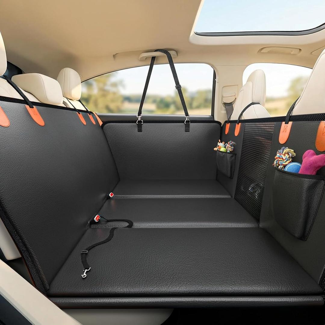 Back Seat Extender for Dogs, Hard Bottom Dog Car Seat Cover for Back Seat, Upgraded Waterproof PU Leather, Easy to Clean, Anti-Scratch & Durable Dog Hammock for Car and SUV, Holds 400lbs, Black