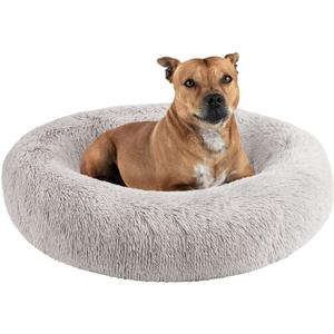 Friends Forever Serena Donut Memory Foam Orthopedic Dog Bed, Soft Faux Fur Oval Cat Couch For Indoor Pet, Fluffy Calming Plush Shag, Round Raised Bolster Cushion, Machine Washable Cuddler, Grey (Large (36"x27"x7.5"))
