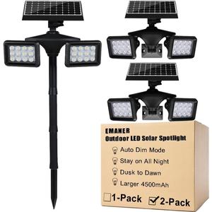 EMANER Solar Powered Flood Light 4500mAh, Dusk to Dawn Solar Flood & Security Lights with Motion Sensor, 100W Equiv. Outdoor Cordless Landscape Spotlight 6500K, Wall Mount/Stand in Ground, 2Pack (Black)