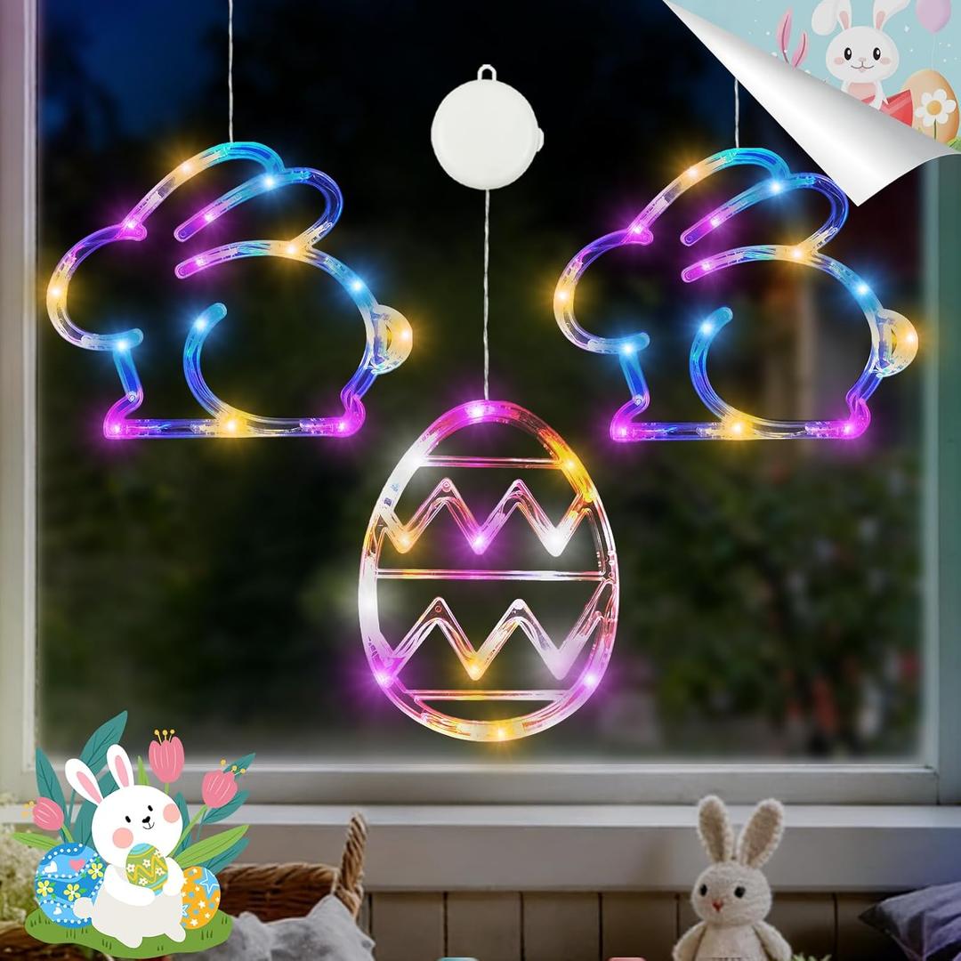 BHCLIGHT 3 Pack Easter Window Lights, Multicolor Bunny and Egg Lights, Battery Operated Easter Window Decorations Light up with Suction Cup and Timer Function for Indoor Window Glass Wall Party Decor