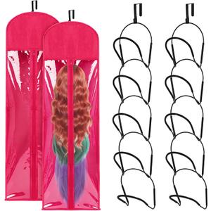 Blulu 10 Pcs Wig Hangers Rack for Multiple Wigs with Dust-proof Storage Bags, Hanging Storage Organizer for Hat with Anti-slip Grips Space Saving for Door Wall Closet Bathroom (Hot Pink)
