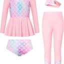 GRACE KARIN Girls Long Sleeve Bathing Suit Size 6 Girls Swimsuit for Kids Rash Guard 5-6 Years, Pink-mermaid