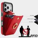 Folosu Compatible with iPhone 17 Pro Case Wallet with Card Holder, 360Rotation Finger Ring Holder Kickstand, RFID Blocking Leather Protective Double Buttons Shockproof Cover 6.3 Inch Red