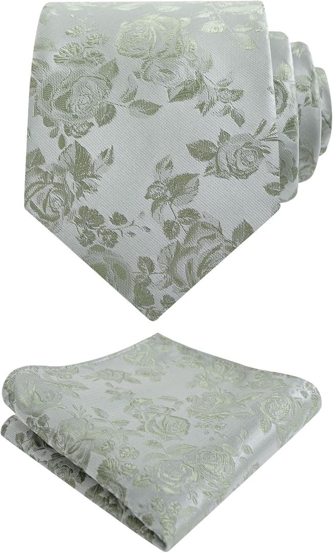 Alizeal Mens 3.15inches Rose Pattern Necktie with Floral Handkerchief Set (125-sage Green)