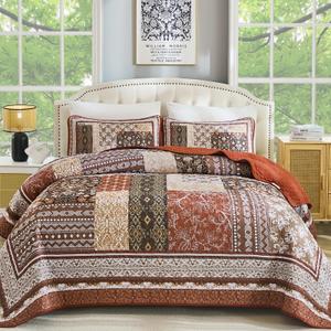 WONGS BEDDING Quilt Set King Size,Orange and Brown Bohemian Patchwork Bedspread Coverlet Set, Reversible Farmhouse Floral Pattern Bedspreads Bedding Set for All Seasons (104"x90")