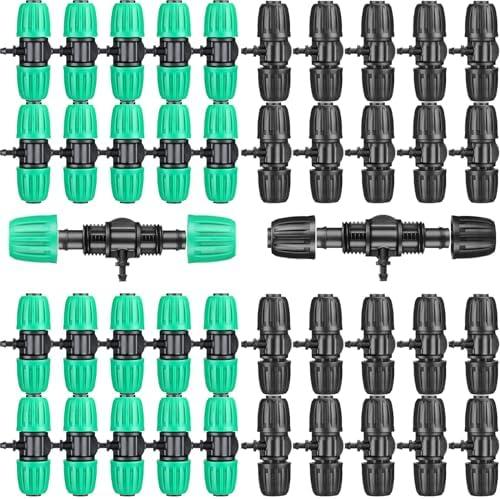 Frienda 40 Pcs Barbed Tee 1/2 Inch Tubing (1/2" IDx0.6-0.63" OD) 16mm to 1/4 Inch Irrigation Tube Fittings Drip Irrigation Parts Anti Drop Locked Reducing Tee for Drip Hose, Black and Green