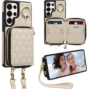 Keallce Case for Samsung Galaxy S25 Ultra 6.9'' Wallet Case,Crossbody Zipper Galaxy S25 Ultra Purse Wrist Strap Lanyard Handbag,RFID Blocking Card Slots,Flip Leather Cover for Samsung S25 Ultra,Beige