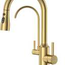 DAYONE Gold Kitchen Faucet with Drinking Purified Water Faucet, High Arc 3 in 1 Sink Tap Stainless Steel 1 Holes, Two-Handle 3-Way Pull Down Sprayer, (Without System)