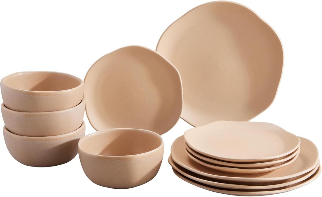 Corona Dinnerware Set 12piece, Plates and Bowls Set, Ceramic Sets for 4, Microwave and Dishwasher Safe, Areia Modern Organic Shape.