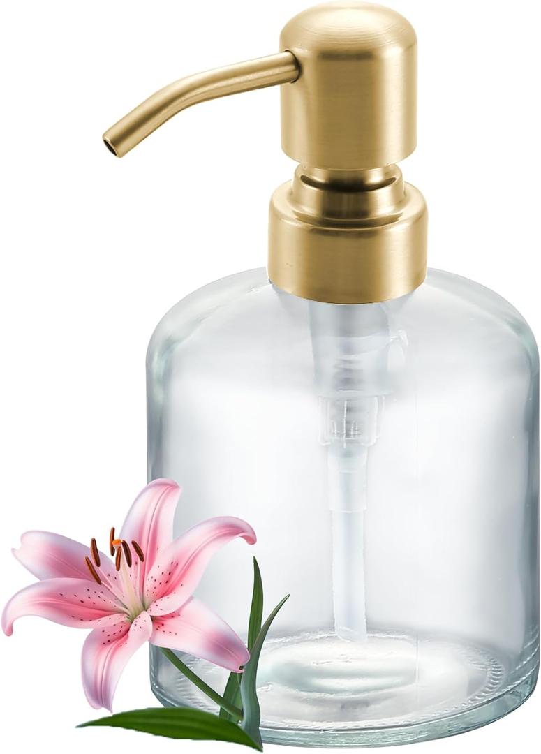 Qeemee Clear Glass Soap Dispenser, 11 Oz Boston Round Bottle Dispenser with Stainless Steel Pump, Refillable Kitchen & Bathroom Countertop Dish Soap Dispenser, Brushed Gold