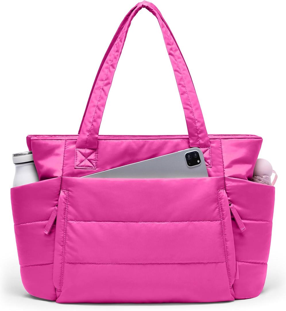Tote Bag for Women with Zipper, Quilted Puffer Tote Bag with Compartments, Lightweight Puffy Work Bags for Women Travel (Raspberry Pink)