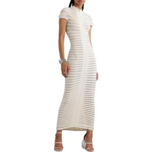 Atyfuniby Womens Sweater Bodycon Dresses Short Sleeve Crochet Knit Tube Sheer Stripe Mock Neck Midi Dress (Large, White)