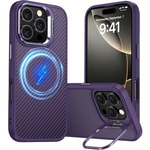 Magnetic for iPhone 16 Pro Case Carbon Fiber Skin SensationCompatible With magsafeMetal Lens KickstandDropproof Sturdy Carbon Fiber PatternWireless Charging Case for iPhone 16 Pro (Purple)