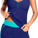 Talisea Women 2 Piece Tankini Swimsuit with Pockets Boy Shorts Modest Bathing Suit Tummy Control Tank Top (Large, Navy and Blue)