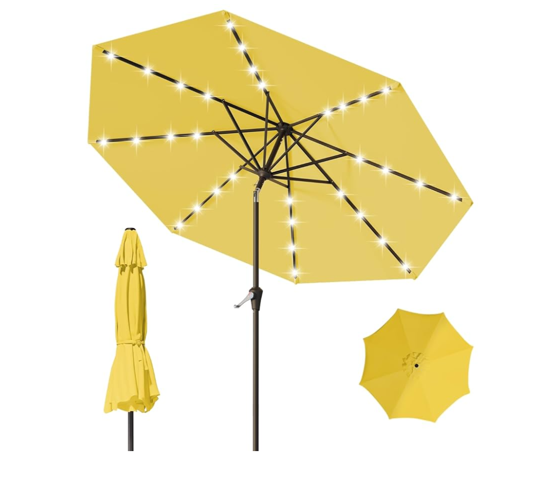 JEAREY 9FT Outdoor Patio Umbrella with Solar Lights, LED Lighted Pool Umbrella with Tilt and Crank, Outdoor Table Umbrellas for Deck, Yard & Market (Lemon)