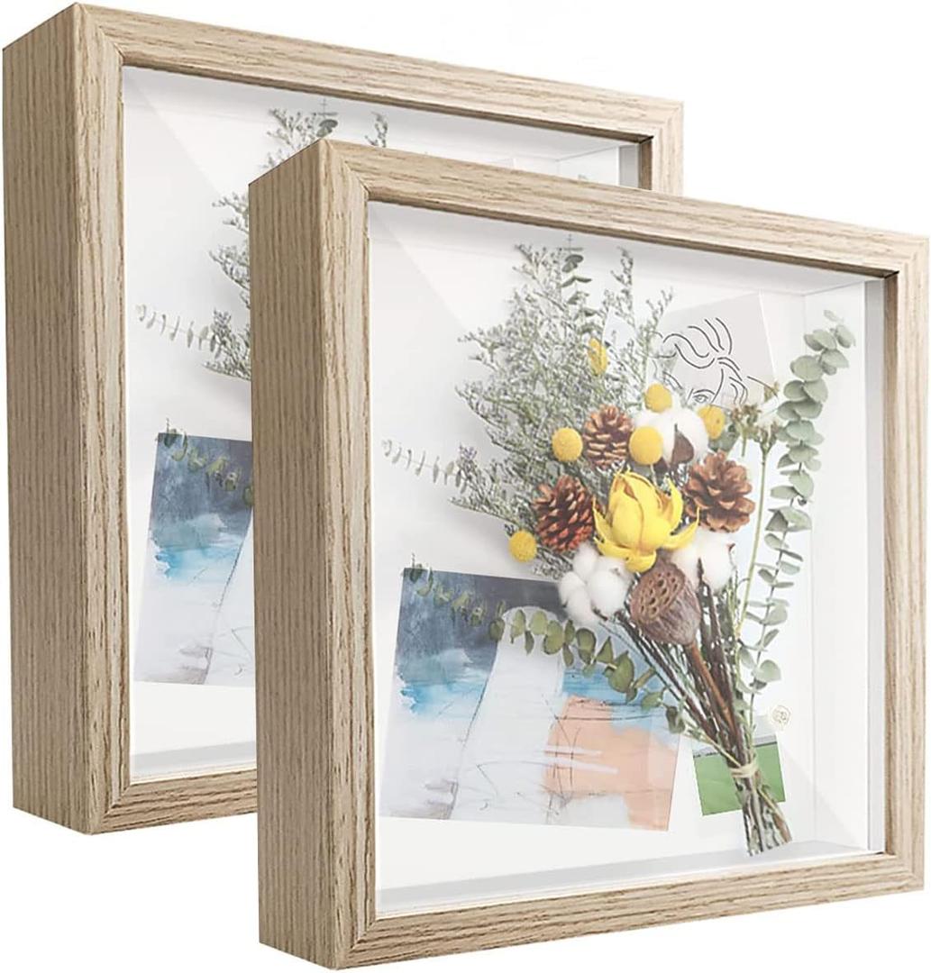 8x8 Shadow Box Frame Display Case (2 Packs) with Letter Stickers, Display Case Box for Memorabilia, Baby Items, Crafts, Tickets and Photos(Light Wood) (2pcs-natural Gray)