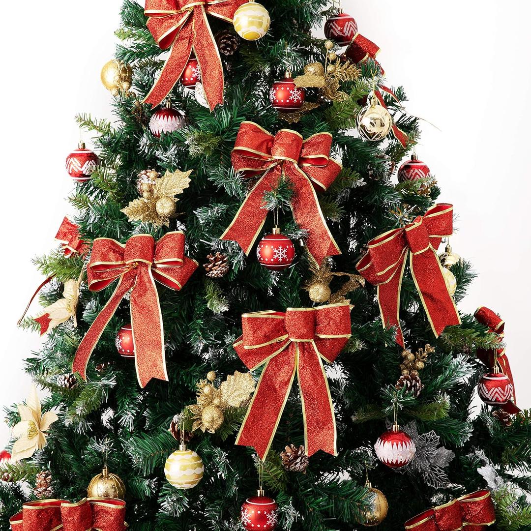 12 Glitter Christmas Bows & Wreath Bows for Christmas Tree Ornaments & Party Decoration (Gold & Red)