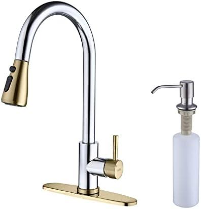 Keer Gold & Polished Chrome Single Handle Pull Down Kitchen Faucet with Soap Dispenser, 3 Modes Sprayer, Easy Assembly, Single Handle High Arc Stainless Steel Faucet