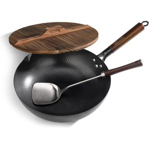 New Star Foodservice 1029154 Hand Hammered Cast-Iron Non-Stick Wok Carbon Steel, Includes 12.7" Round Bottom Wok, Wooden Wok Lid, and Spatula (Hand Wash Recommended)