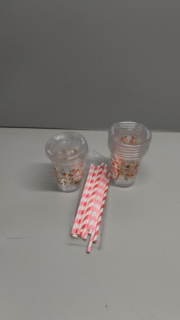 Jingmore 50 Pcs Party Disposable Plastic Cups 12 oz with Lids Straws Themed Party Supplies Plastic Tumbler for Birthday Table Decorations Favors(Strawberry 1st,Pink and Red)