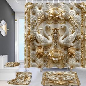 ZLQQ 4Pcs 3D Swan Shower Curtain Sets with Rugs Swan Relief Pearl Bathroom Set with Non-Slip Rugs Toilet Lid Cover and Bath Mat Vintage Shower Curtain with 12 Hooks, Durable Bathroom Decor Set (Coral)