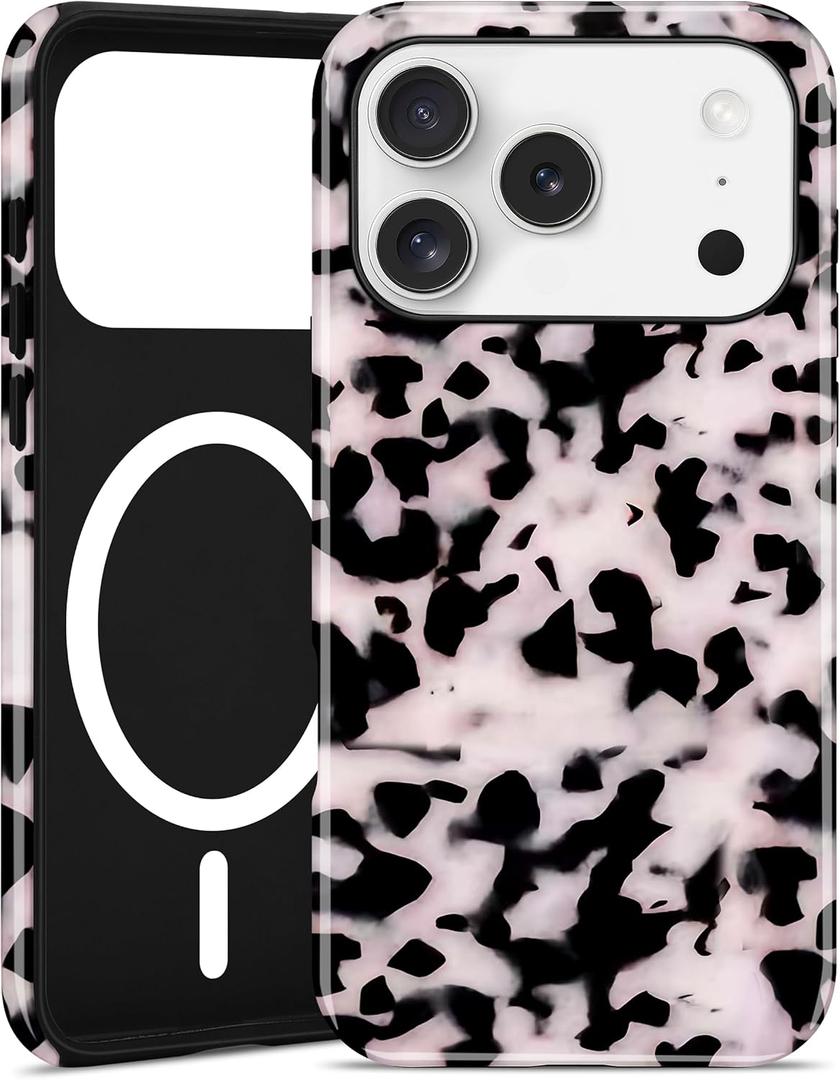 Magnetic Little Tortoise Shell Phone Case for iPhone 17 Pro, Compatible with MagSafe, Cute White Aesthetic Leopard Print Soft TPU Hard PC Shockproof Protective Phone Cover for Women Girls